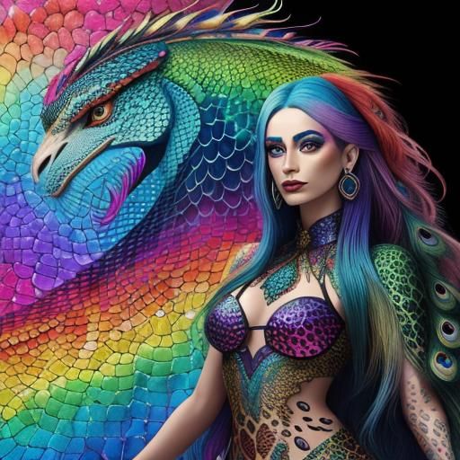 Rainbow Dragon Woman: Holographic Astral Illustration
