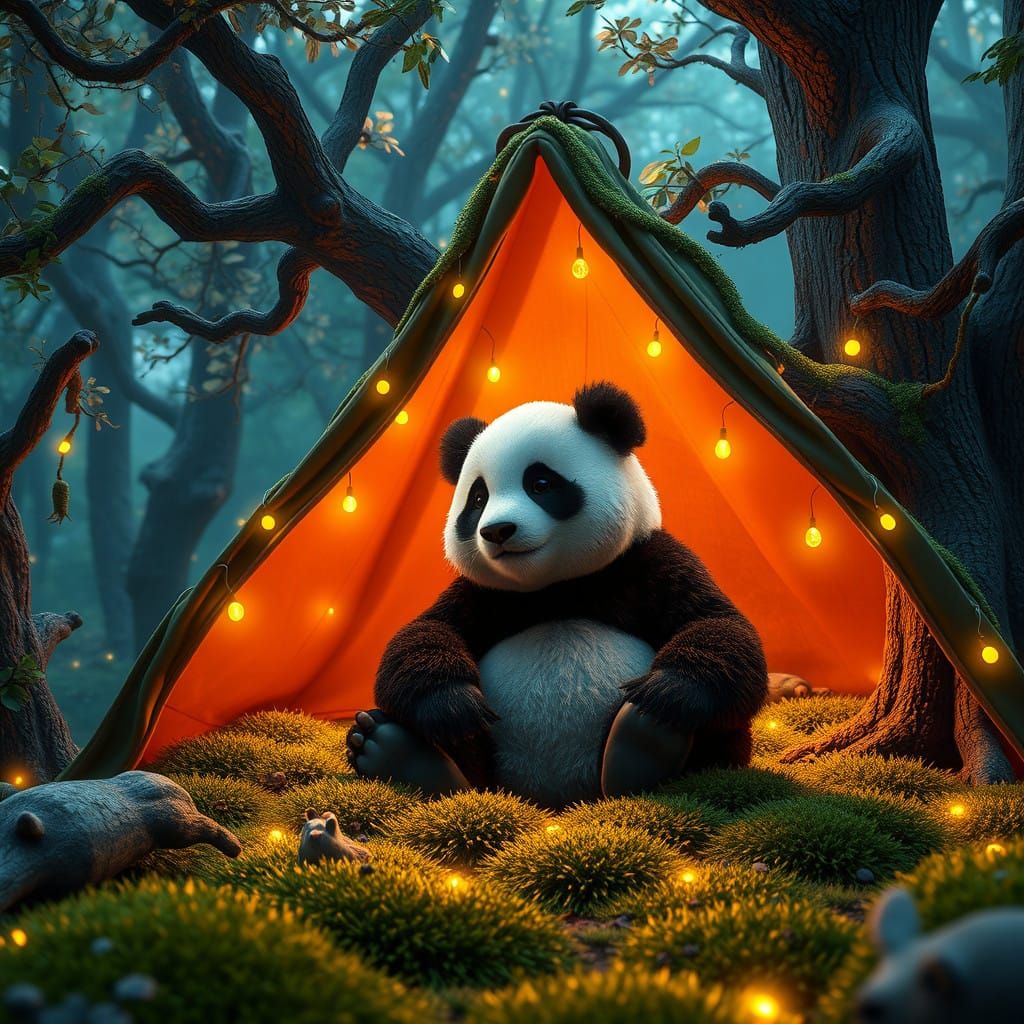 Serene Panda in Whimsical Woodland Scene