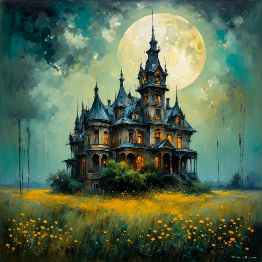 Dilapidated Gothic Mansion in Surreal Tonalist Oil Painting