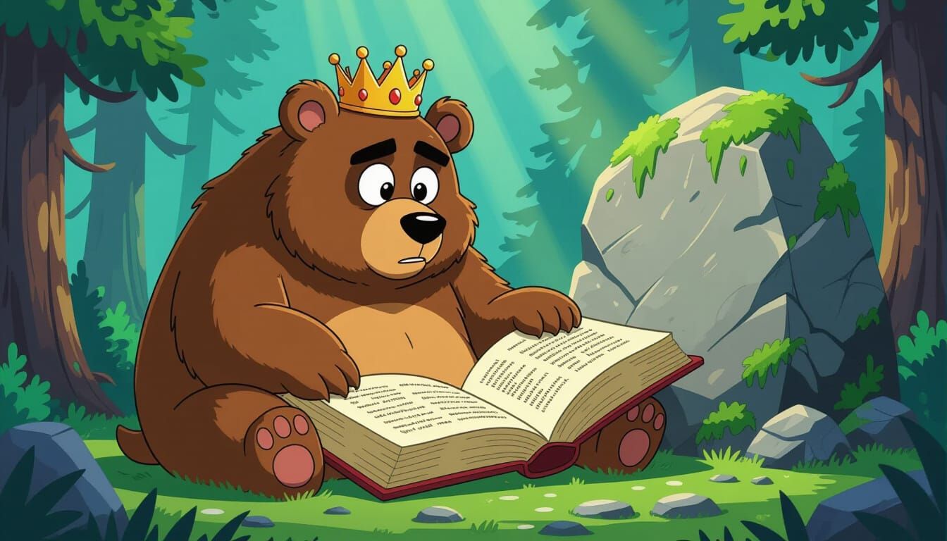 Giant Bear Struggles With Tiny Crown and Huge Book
