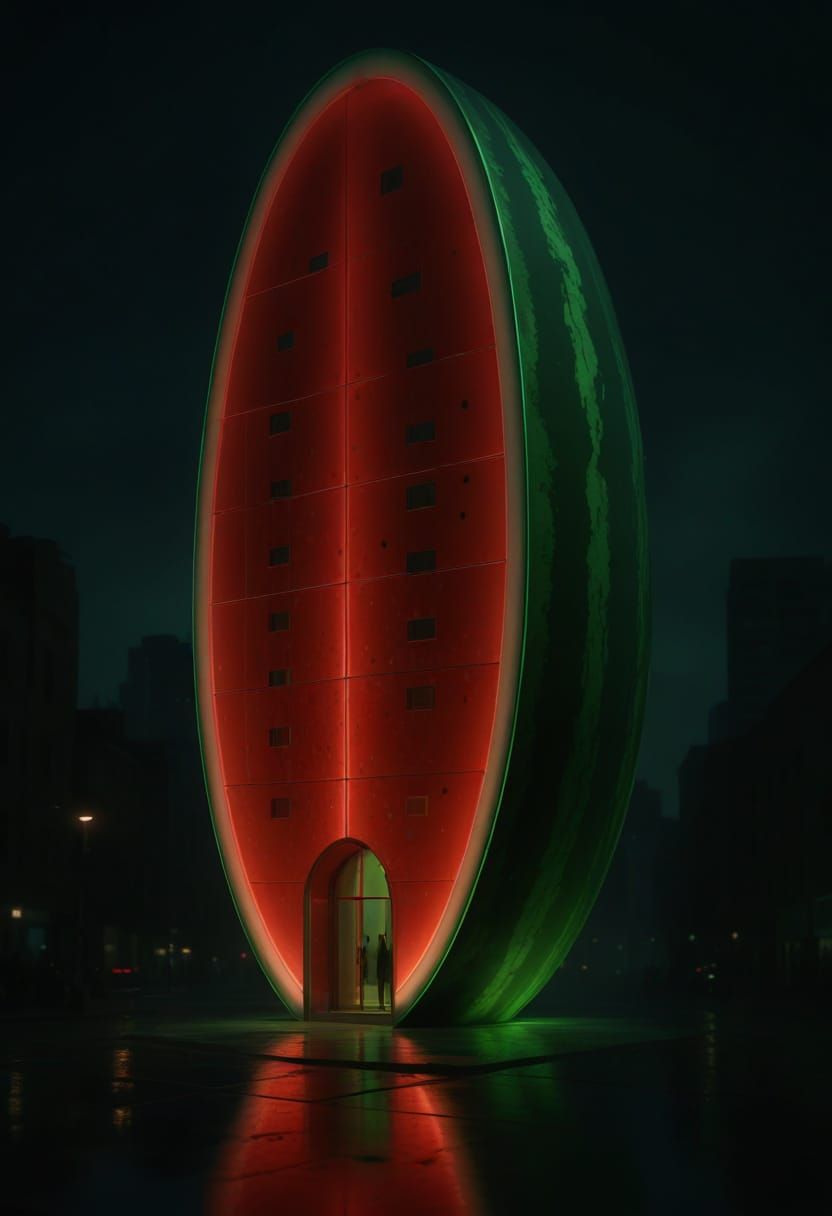 Futuristic Watermelon Building in Hyper-Realistic 3D Render