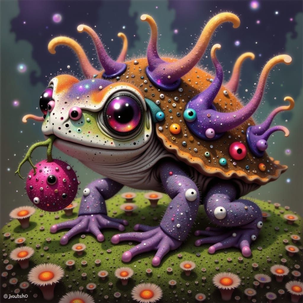 Adorable Frog-Tortoise Creature with Berry, in Whimsical Sty...