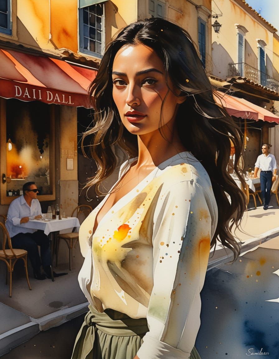 Surrealist Watercolor of Woman at Sunset