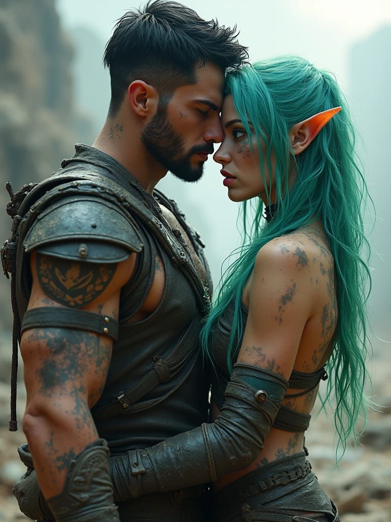 Dystopian Elf Warrior Couple in Cyberpunk Style