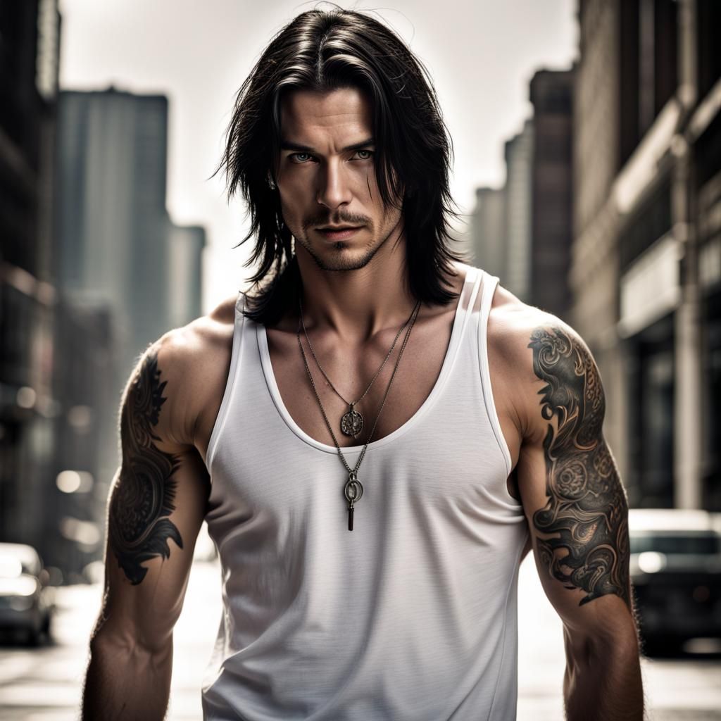 Handsome Rock Star with Tattoos, Hyperrealistic Image