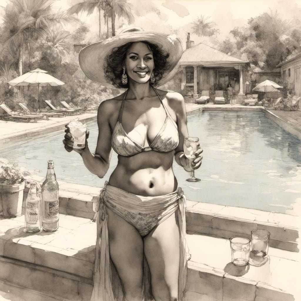 Bikini Woman with Margarita: Sketch Art