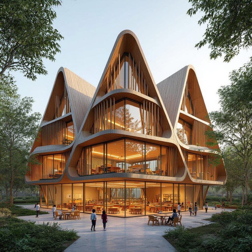 Futuristic Timber-Clad School with Organic Pyramids