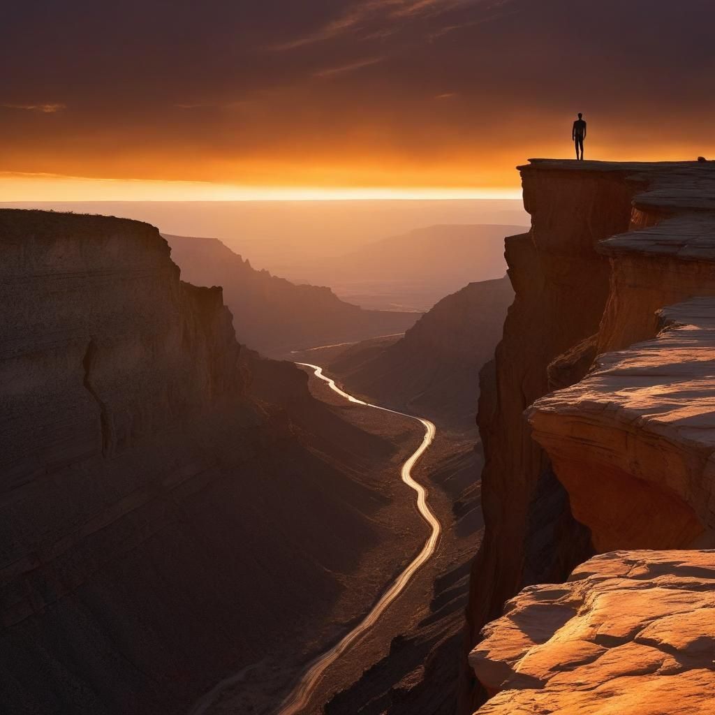 Silhouette on Cliff Edge at Sunset