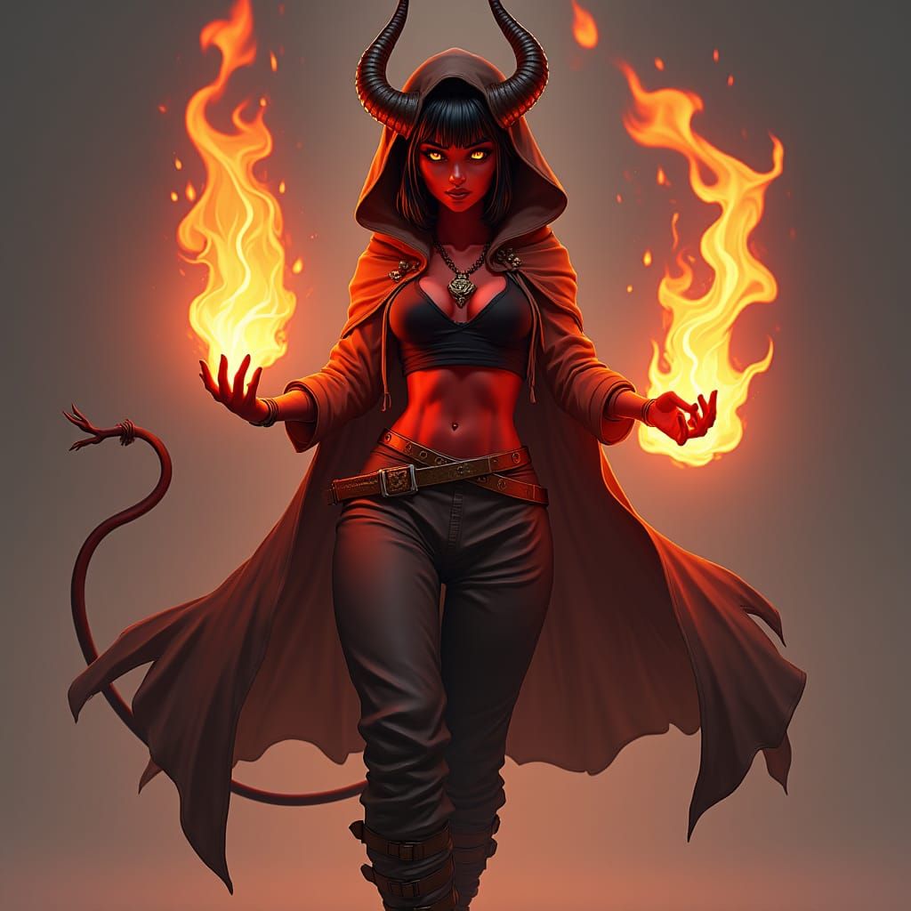 Tiefling Woman Conjuring Fire, in 3D Anime Art