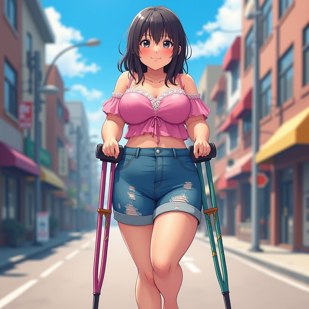 Chubby Anime Girl Leans on Crutches in Vibrant City