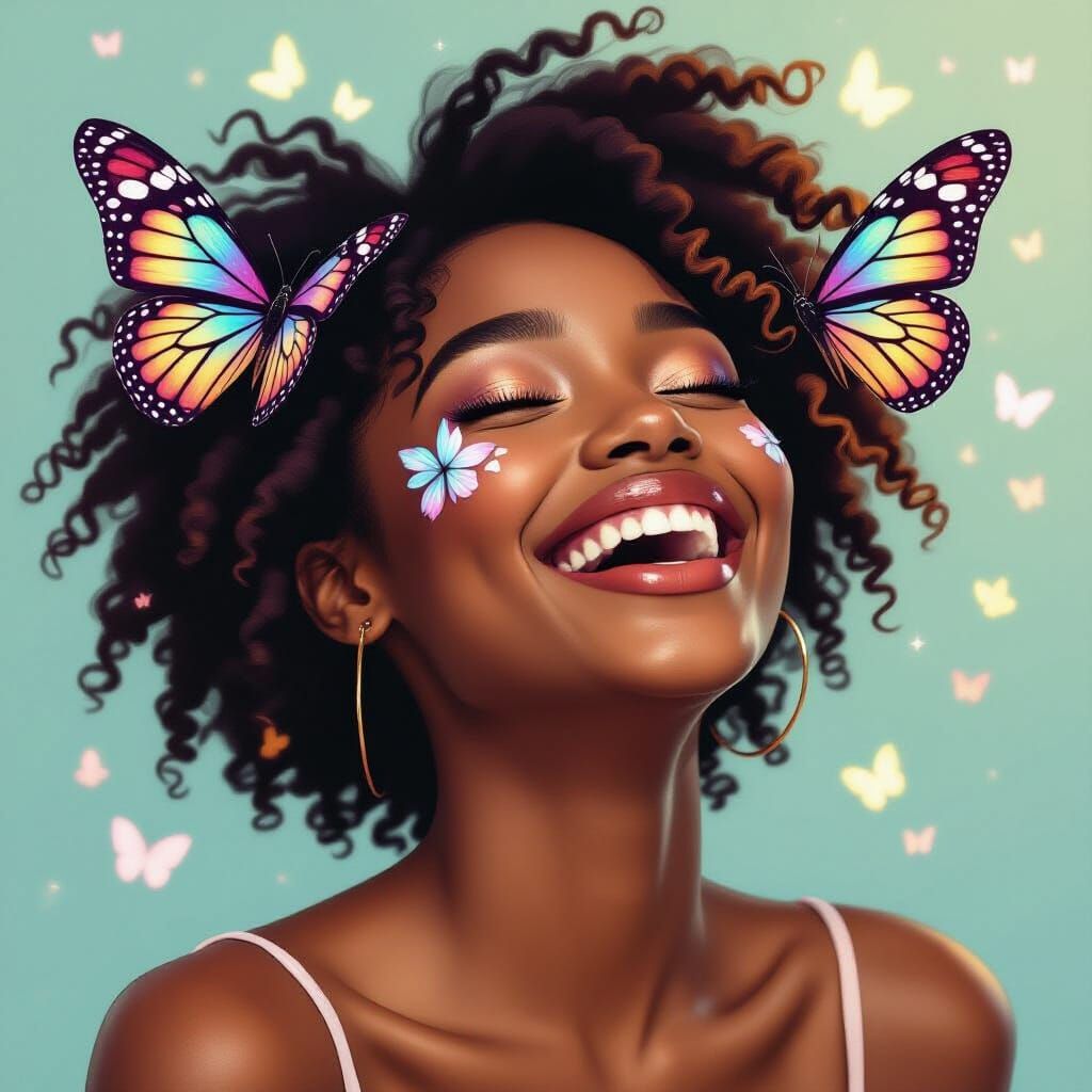 Joyful Black Woman Laughing with Butterfly Accents