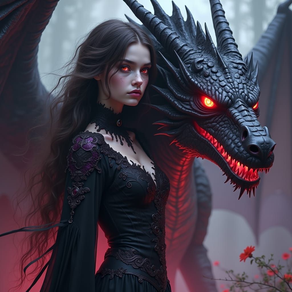 Dark Fairy Tale Girl and Dragon in Beksiński Style