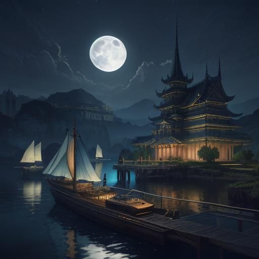Watercolor Temple at Night with Moonlit River