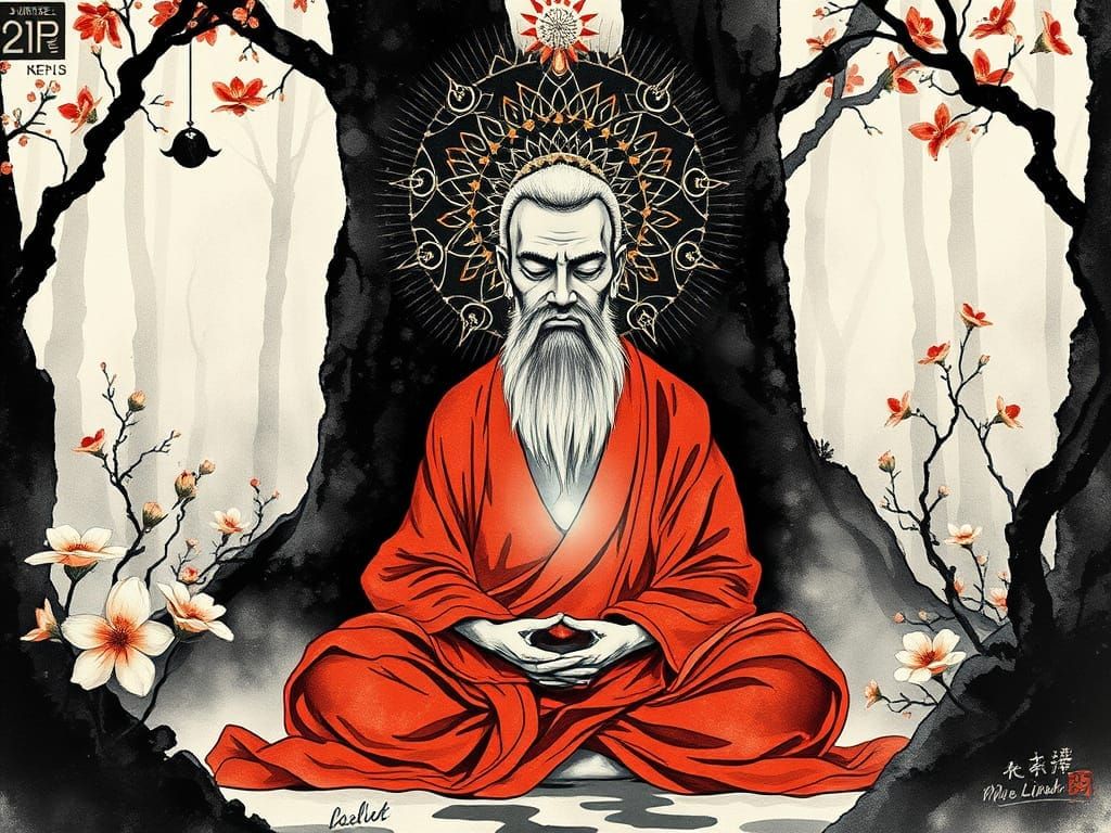 Monk Meditating in Luminous Forest Temple