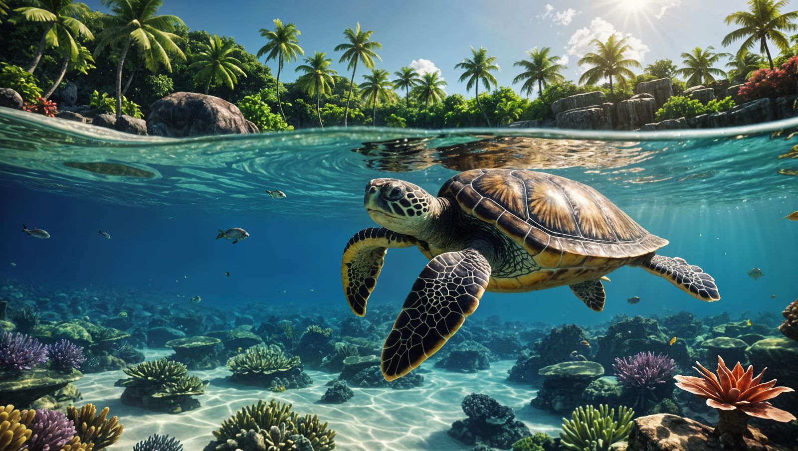 Turtle in Tropical Ocean: Detailed Matte Painting