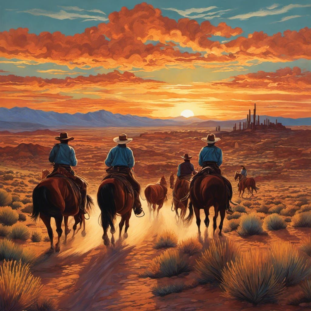 Cowboys Ride Into the Sunset: Western Scene