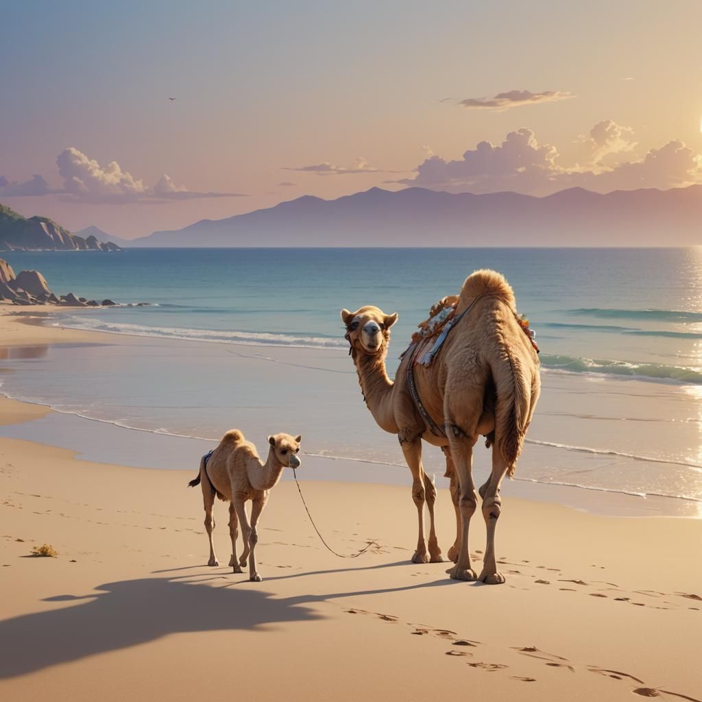 Camel and Puppy on Beach in Anime Style