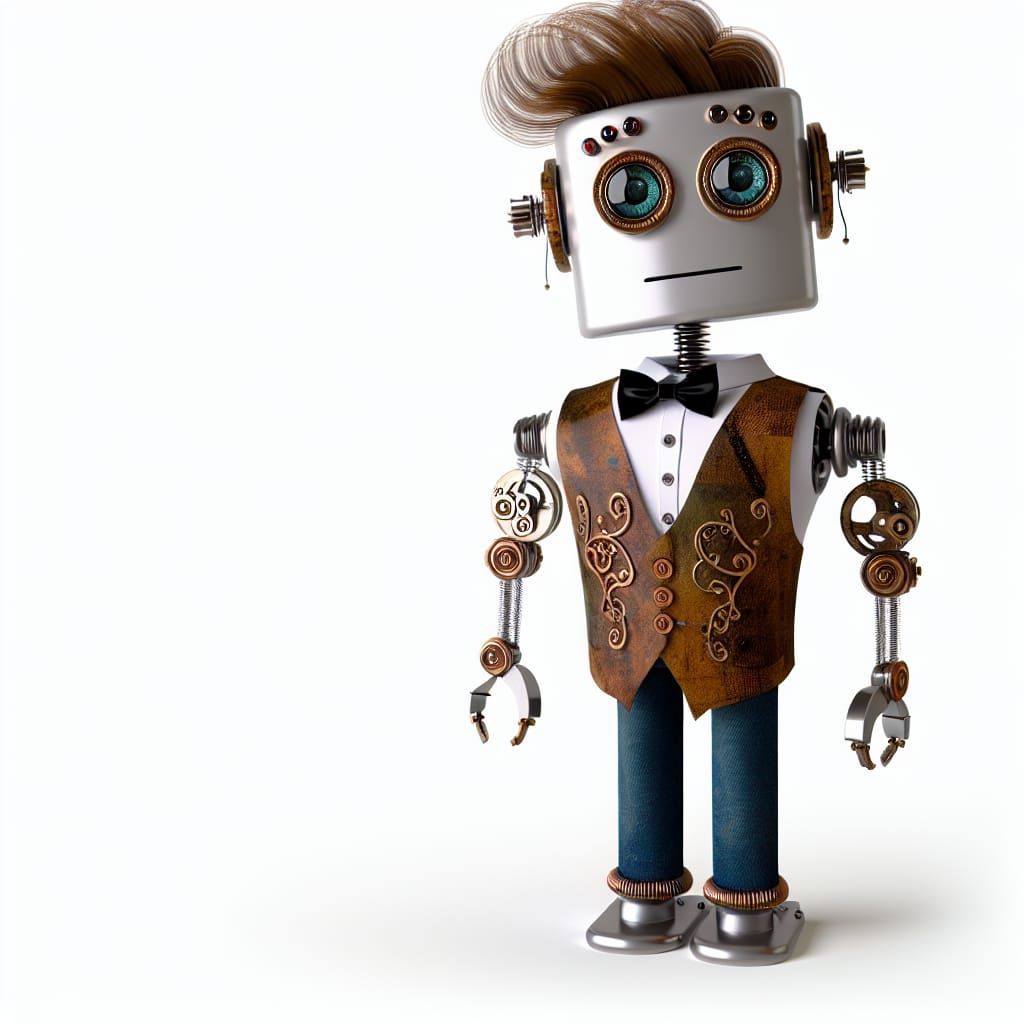 Adorable Teenage Robot in Waistcoat on White Background