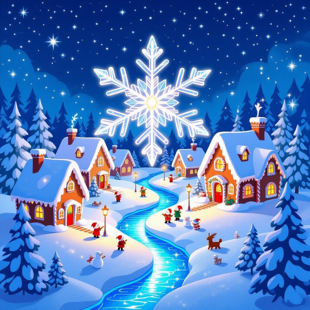Whimsical Eco-Village on Giant Snowflake with Santa's Worksh...