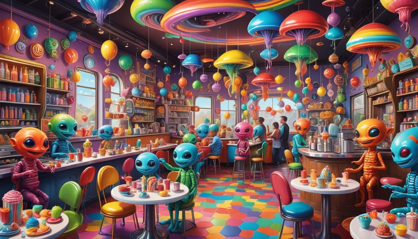 rainbow aliens in a rainbow cafe