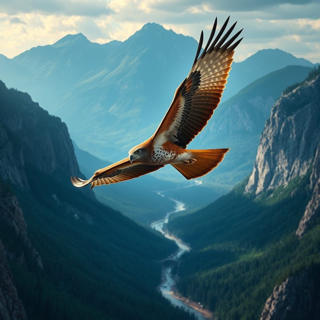 Red-Tailed Hawk Soaring Over Mountain Valley