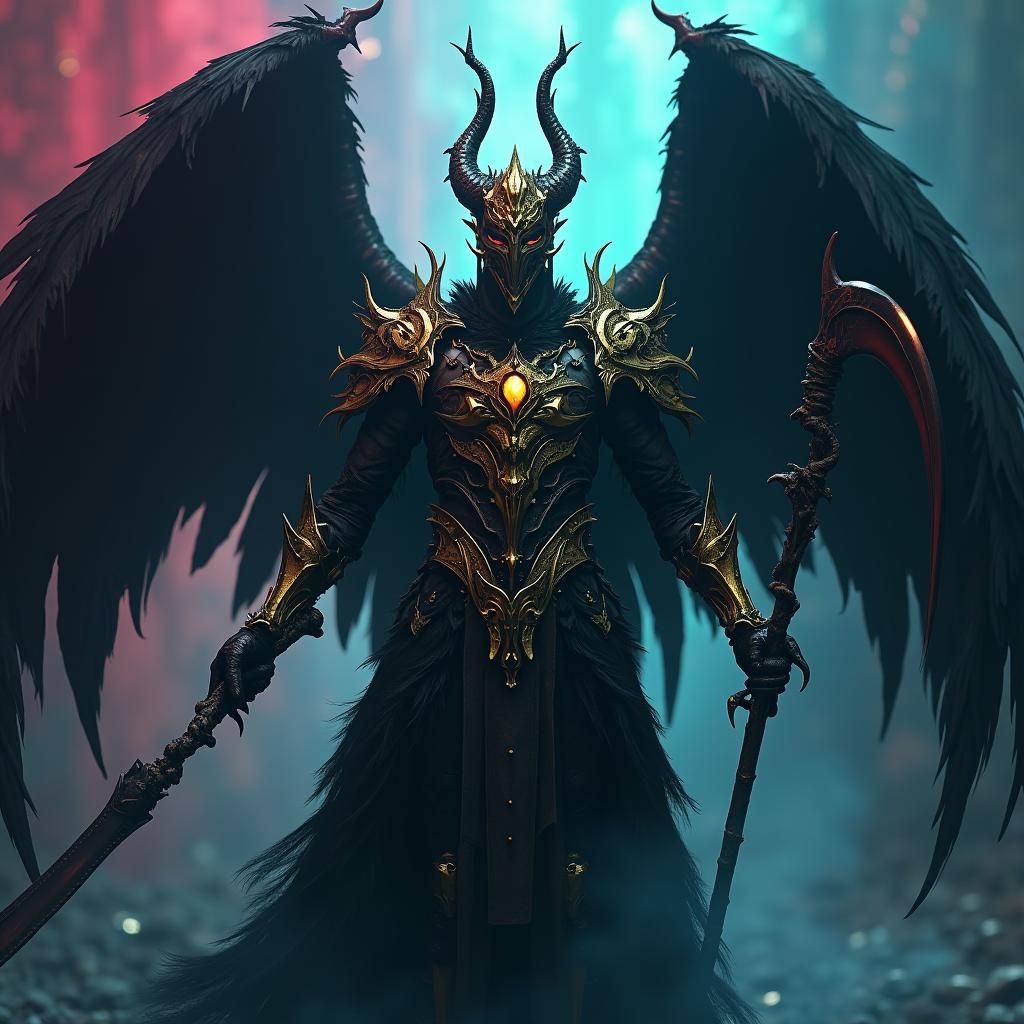 High-Fantasy Killer with Golden Mask and Scythe