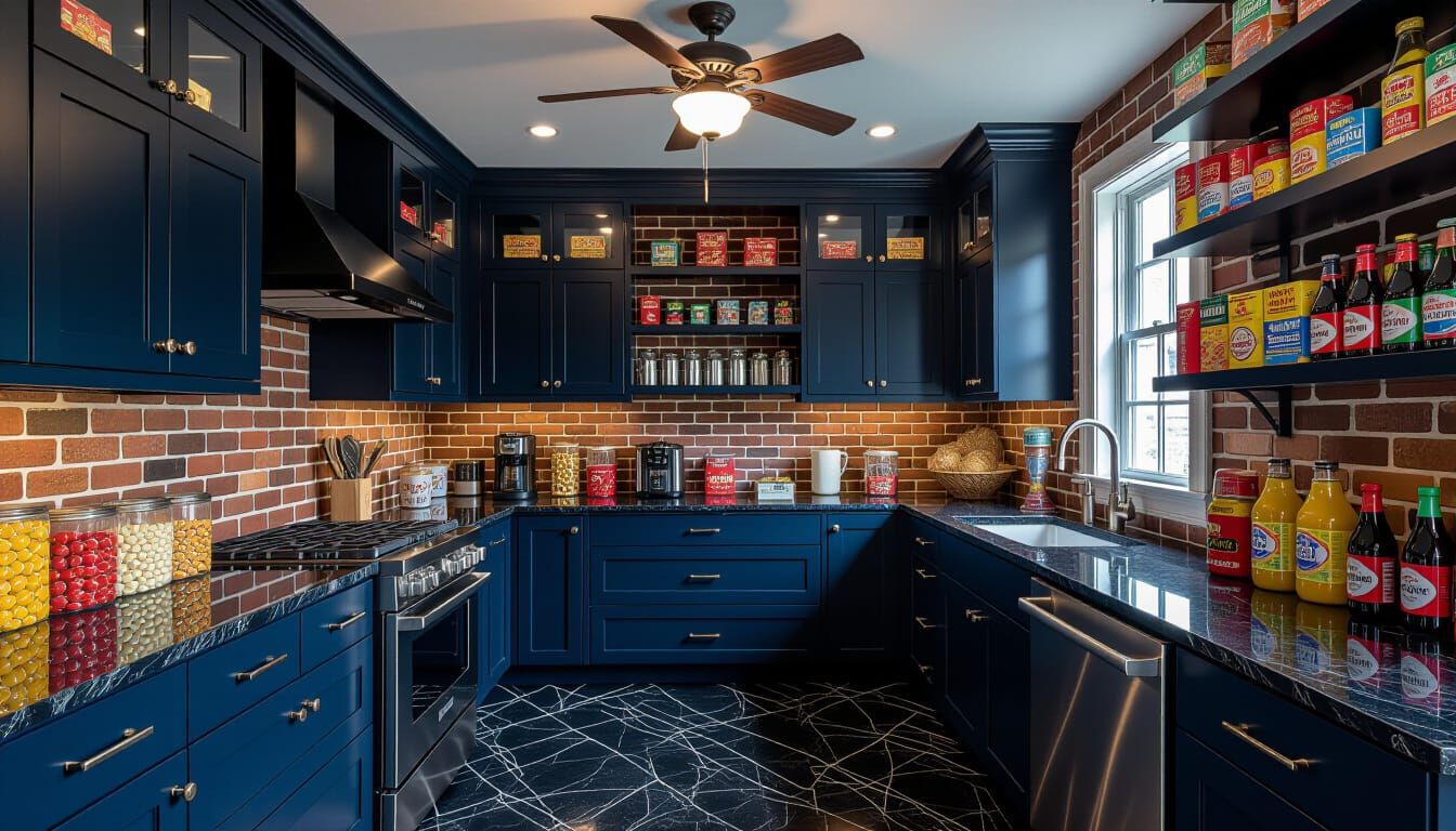 Victorian Storage Room with Dark Blue Cabinets and Brick Acc...