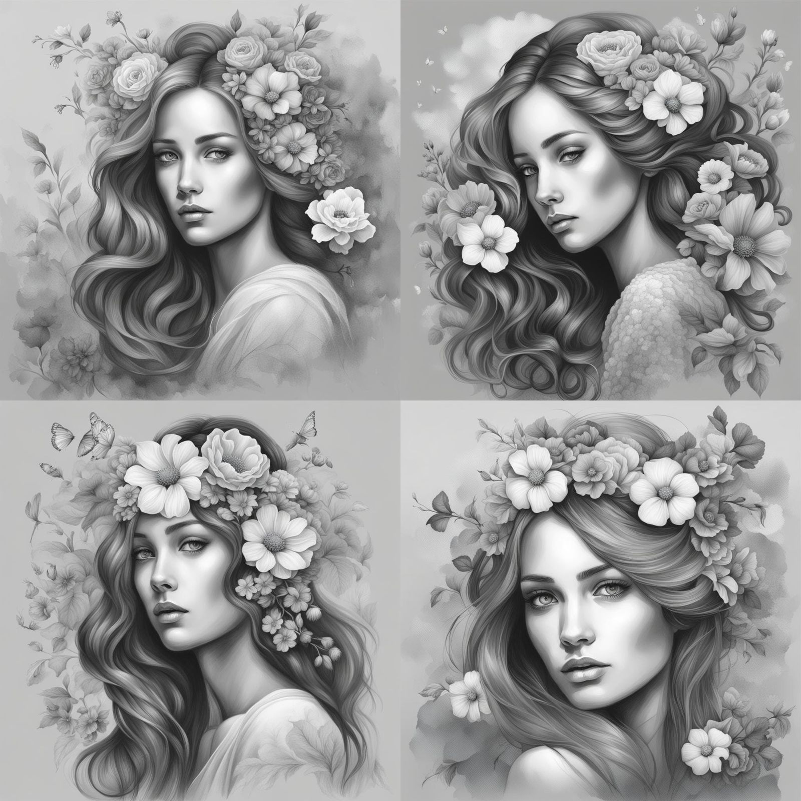 Grayscale Drawing of Woman with Floral Hair