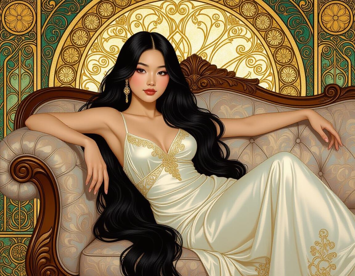 Asian Woman with Long Hair in Art Nouveau Style