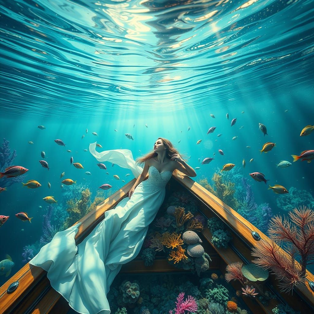 Serene Woman Amidst Underwater Paradise in Vibrant, Dreamy R...