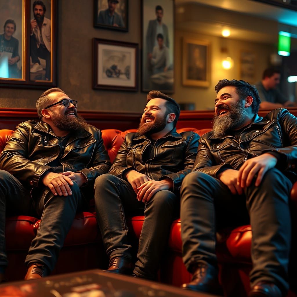 Biker Gang Buddies Laughing on Couches, Hyperrealistic Photo