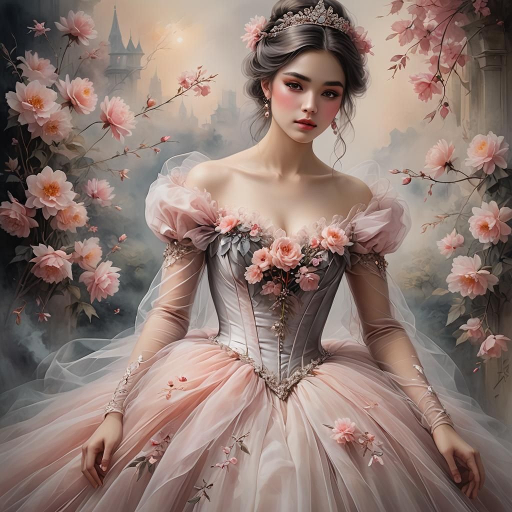 Mysterious Princess in Tulle Gown: Sumi-e Art