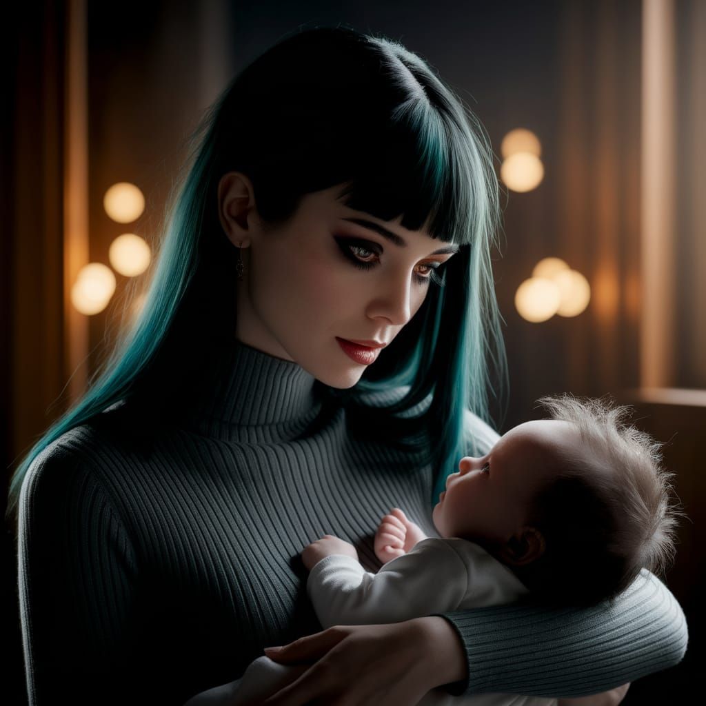 Elegant Goth Mother Cradles Baby in Warm, Natural Light