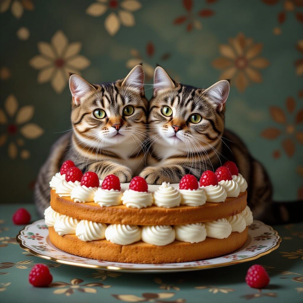 Scottish Fold Cats Embrace in Klimt-Inspired Cake