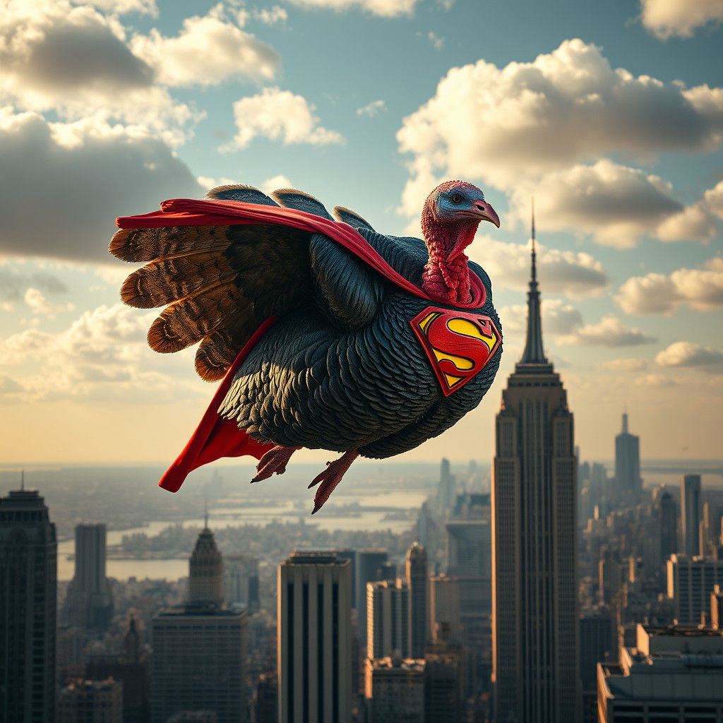 Turkey as Superman Soaring Over Manhattan: Photorealistic
