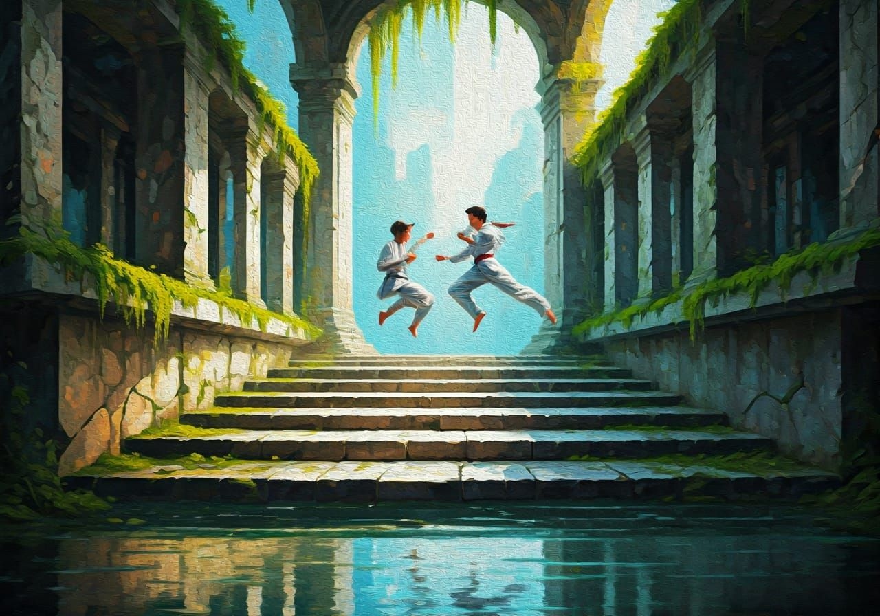 Karate Fight in Abandoned Temple: Impasto Impressionism