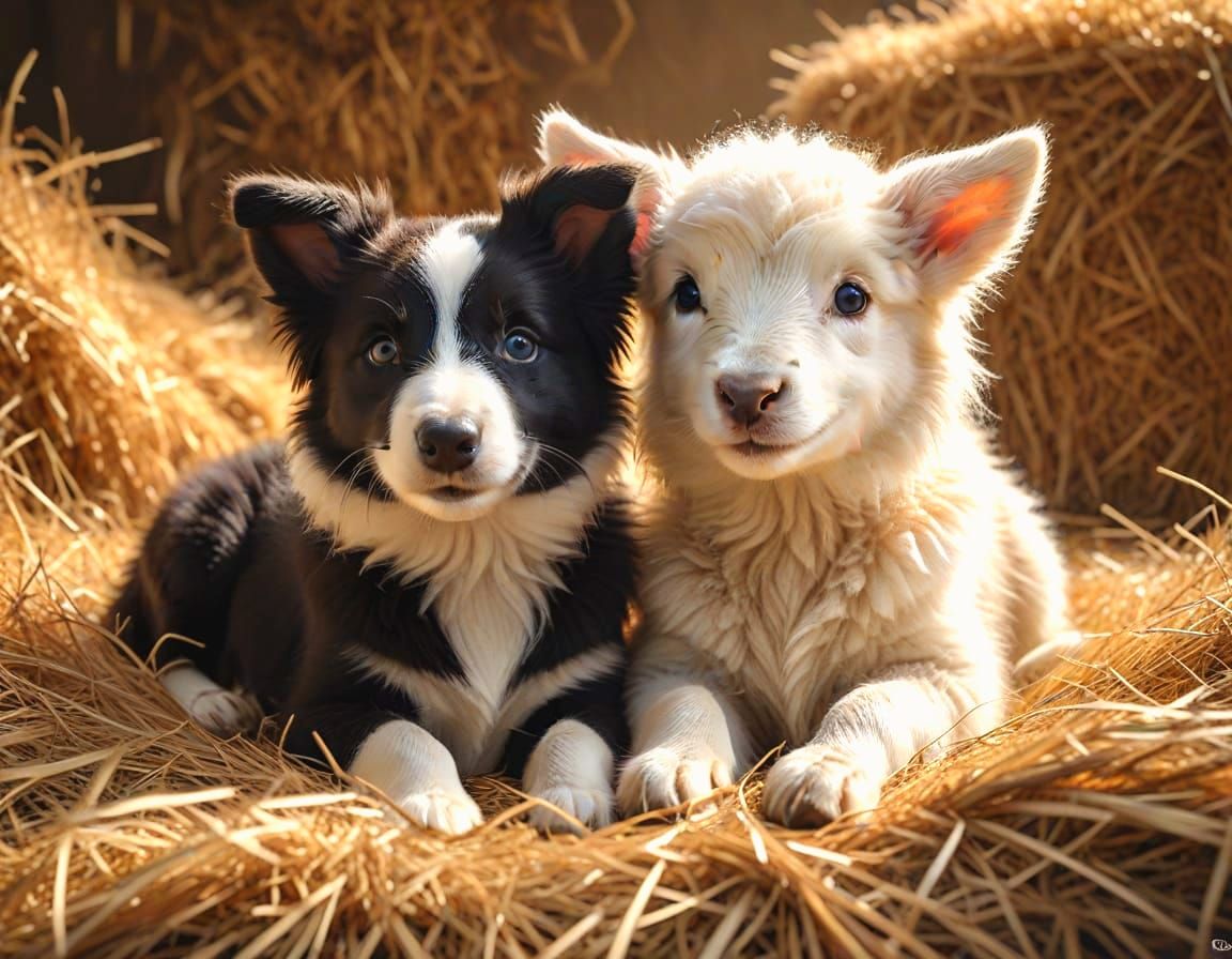 Border Collie Puppy and Lamb in Hyperrealistic Style