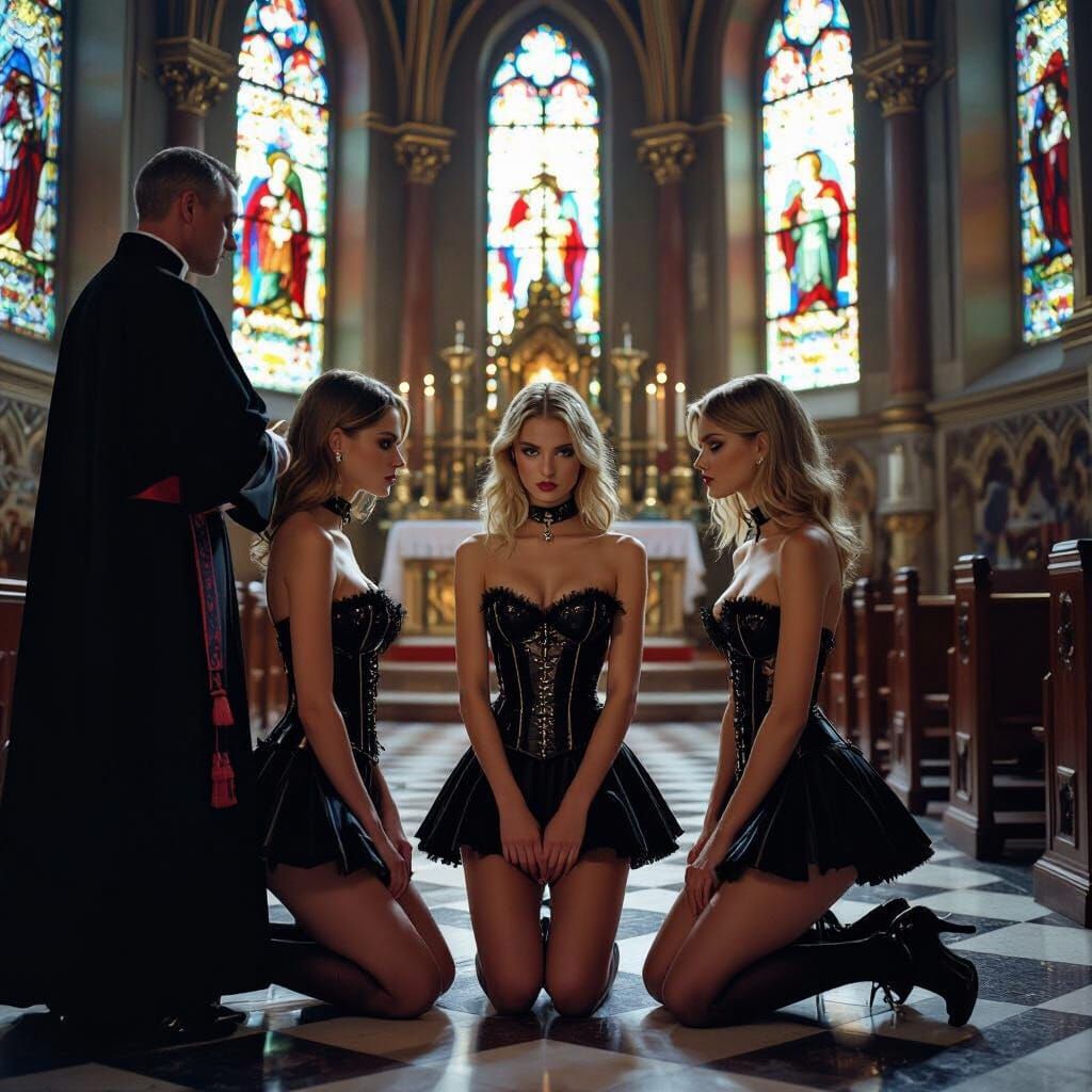 High Fashion Models in Ornate Church, Helmut Newton Style