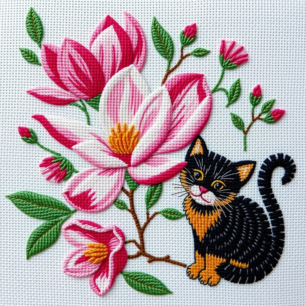 Whimsical Magnolia Blooms with Ginger Cats in Embroidery Sty...