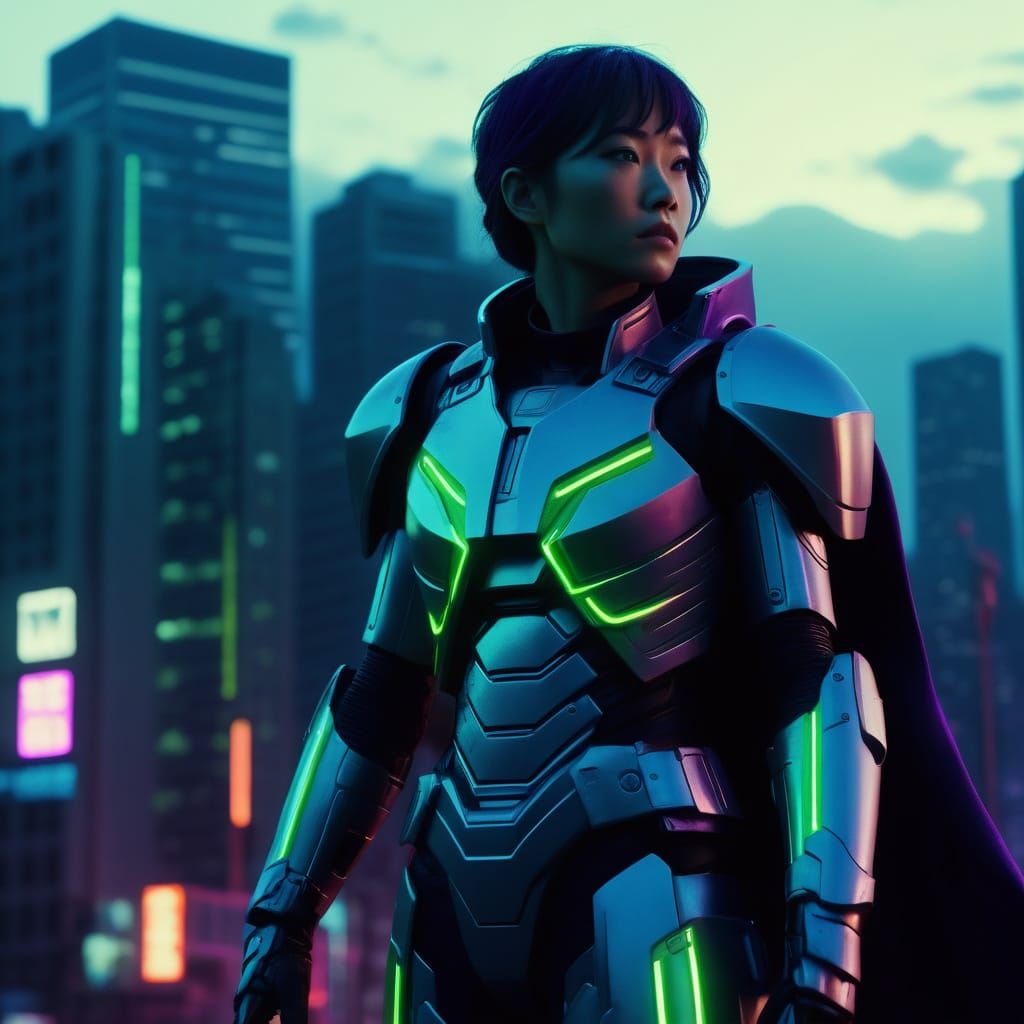 Ethereal Japanese Superhero in Neon Armor Illuminates Futuri...