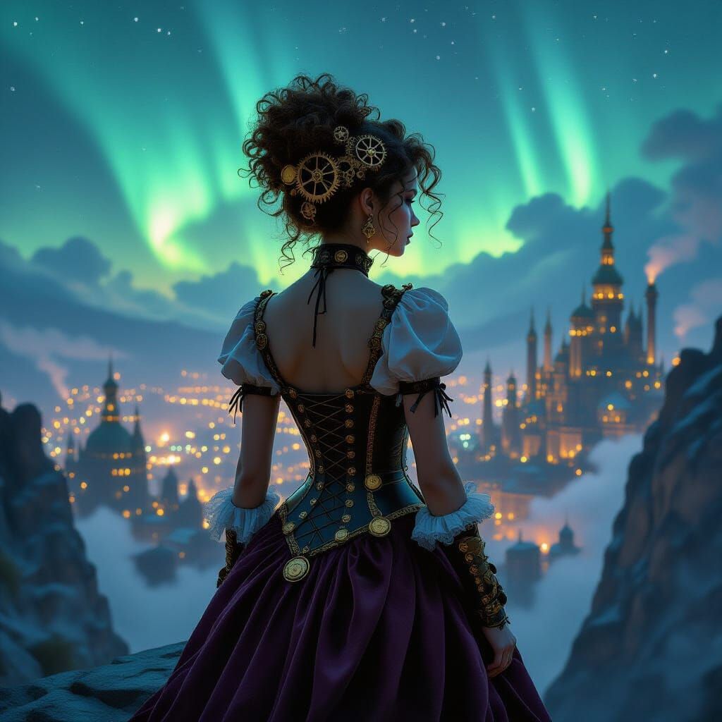 Steampunk Woman Gazing at Aurora Metropolis