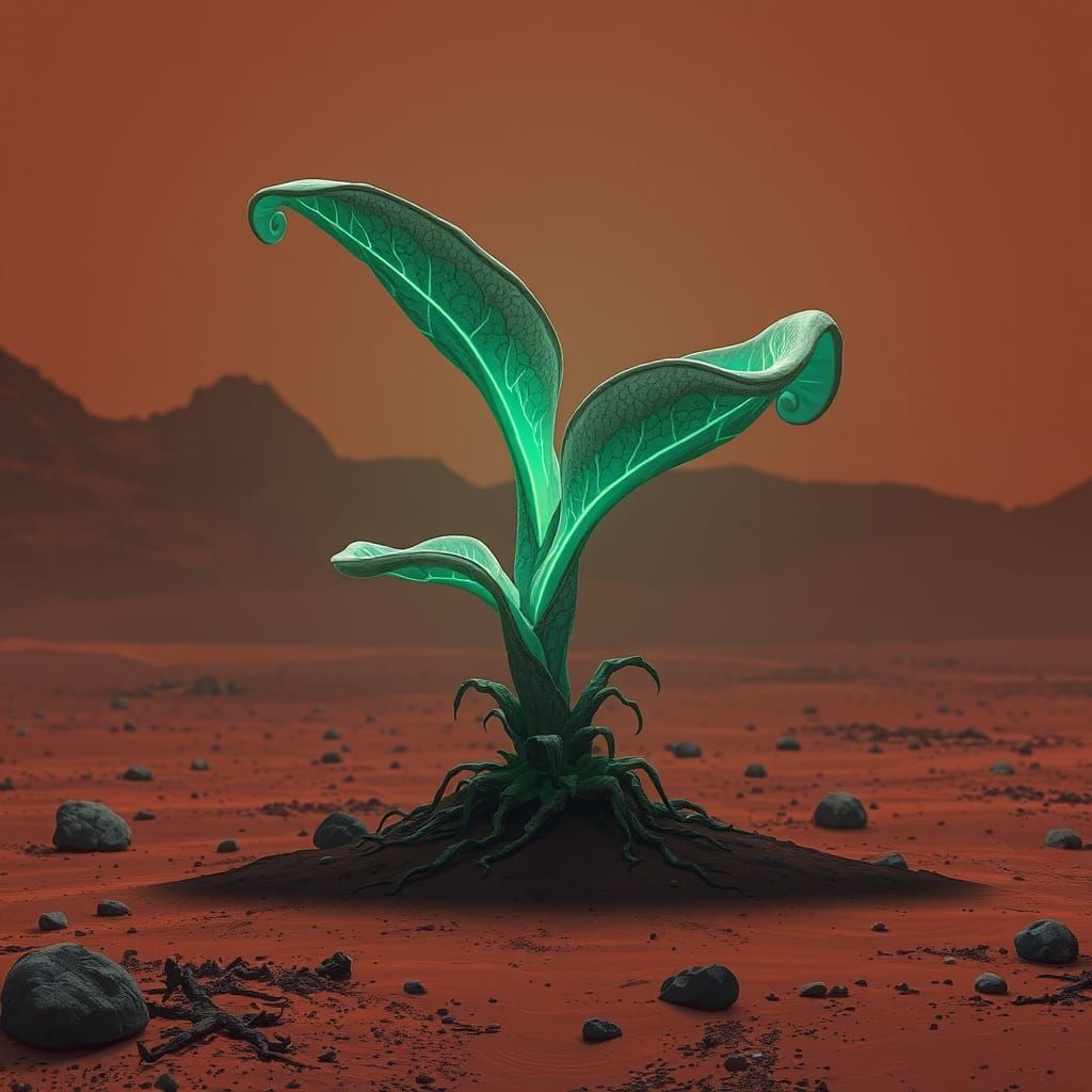 Mars Sentinel: An Alien Plant in Red Planet Landscape