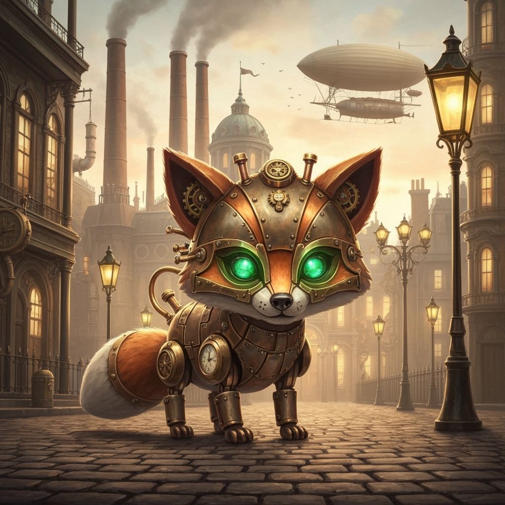 Playful Steampunk Fox with Brass Gears in Victorian City