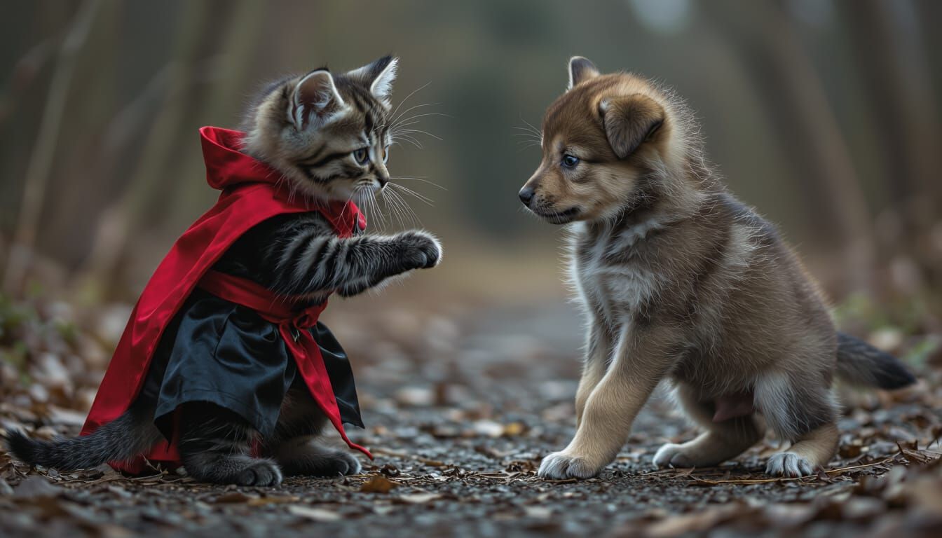 Vampire Kitten Battles Werewolf Puppy In Kung-Fu Stance