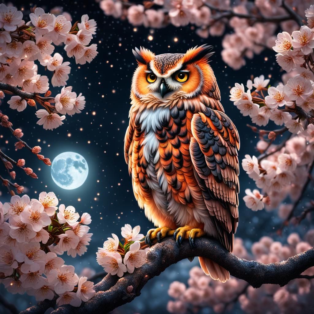 Orange Owl on Cherry Blossom Tree in Moonlight