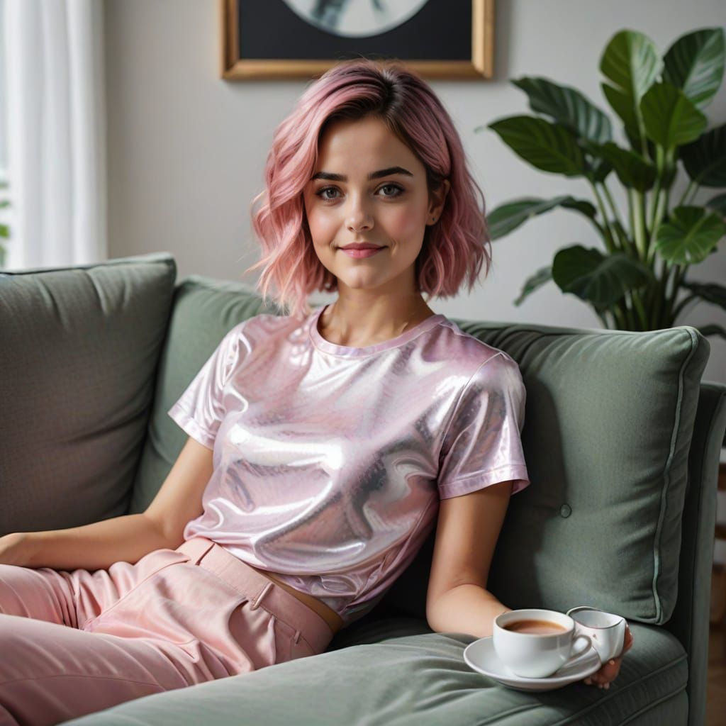 Pink Haired Woman on Sofa, Richter-esque Style