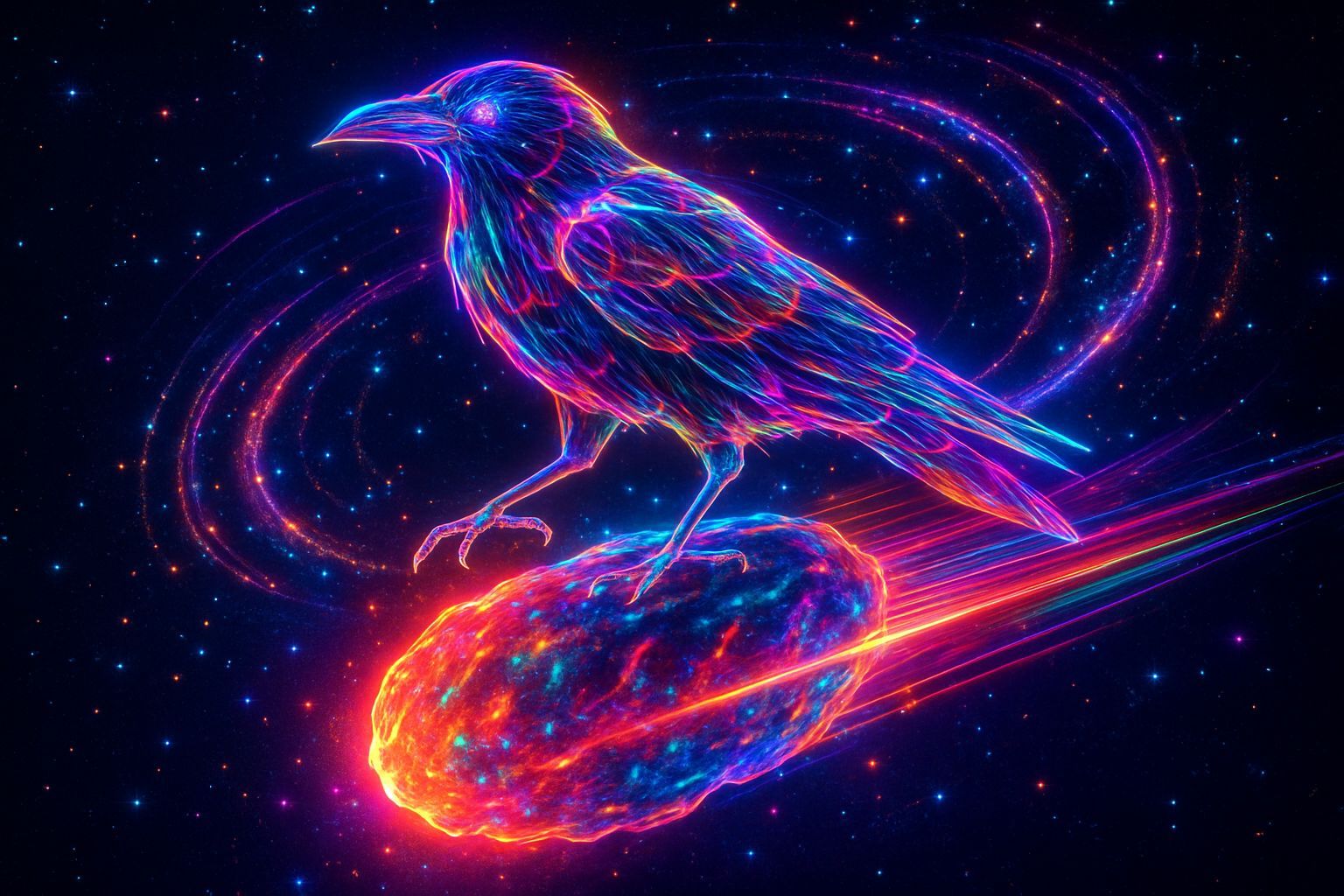 Psychedelic Laser Raven on a Meteor in Deep Space