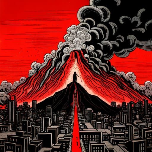 Volcano Over Ruined Cityscape, Anime Style