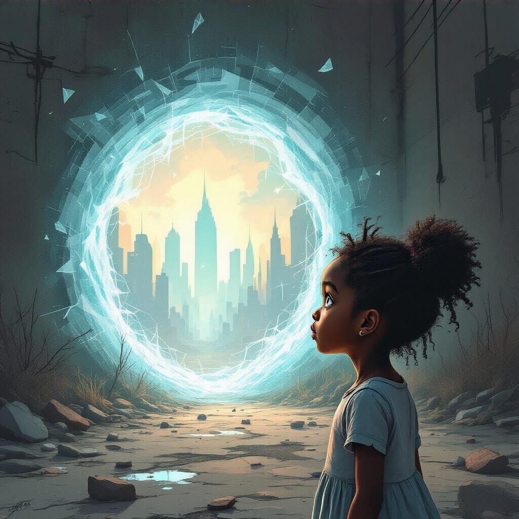 Girl Wonders At Ethereal Portal in Urban Landscape