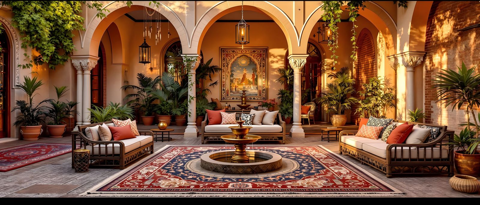 Moroccan Patio with Bohemian Decor in Golden Hour